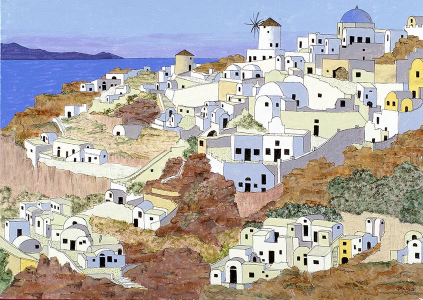 Tableau Naïf - Granick - Moulins dans les iles Grecques